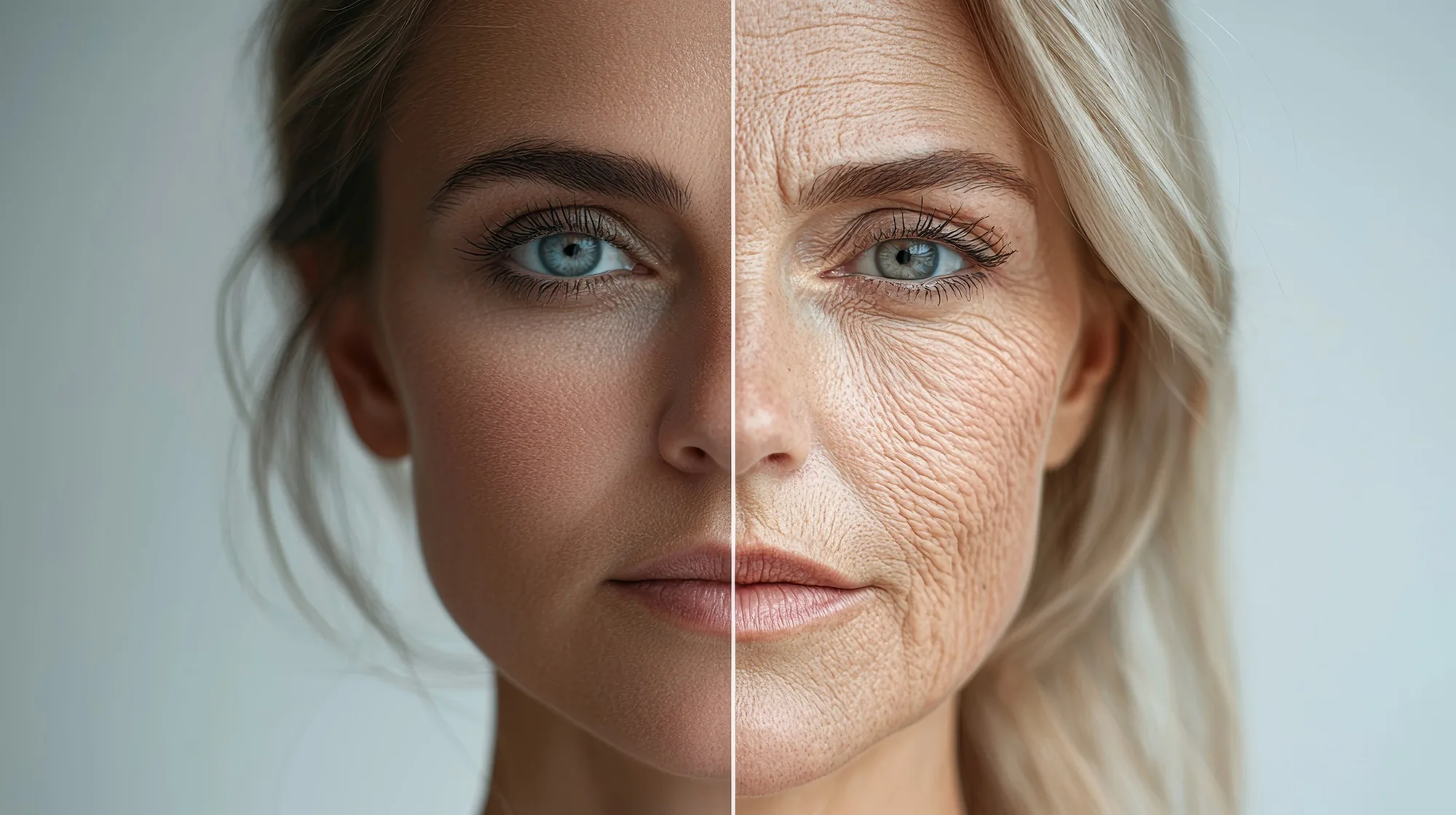 Split portrait showing a woman's face with smooth skin on the left and aged, wrinkled skin on the right